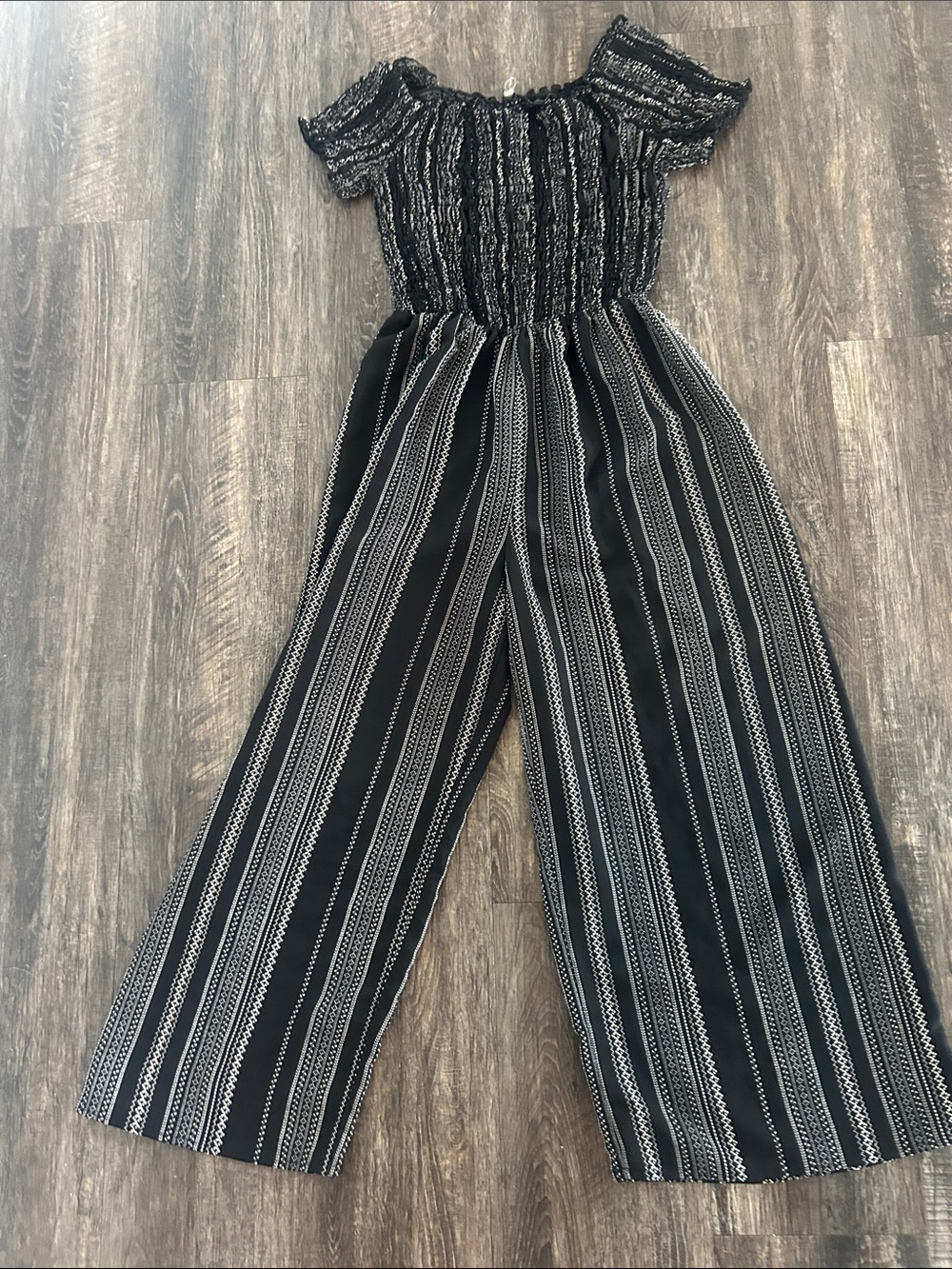 Black & White Striped Off-Shoulder Wide-Leg Jumpsuit